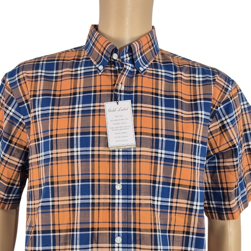 Roundtree & Yorke Gold Label Men's Shirt Size S Short Sleeve Orange Plaid 56